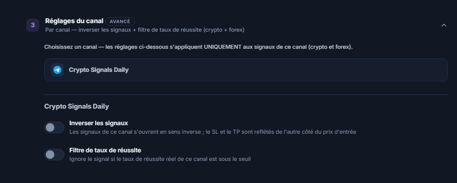 Accordéon Réglages du canal : ligne du canal sélectionné encadrée, en dessous les interrupteurs Inverser les signaux et Filtre de taux de réussite
