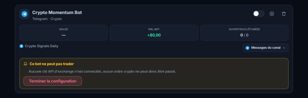 Carte de bot fraîchement créée dans le panneau Mes bots : nom et source du bot, liste Ce bot ne peut pas ouvrir de trade et bouton Terminer la configuration