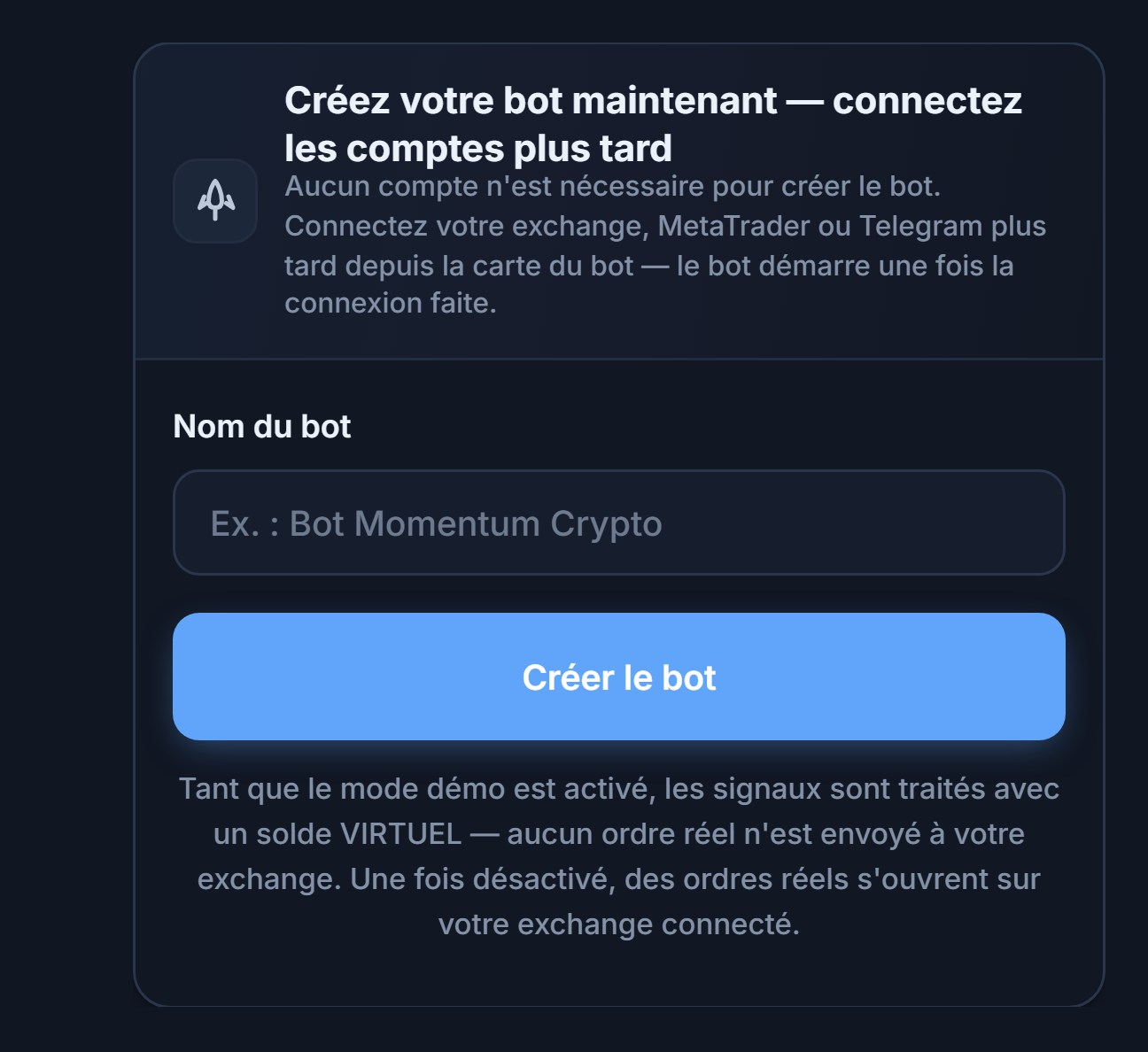 Panneau Créer votre bot maintenant : champ Nom du bot et bouton Créer le bot