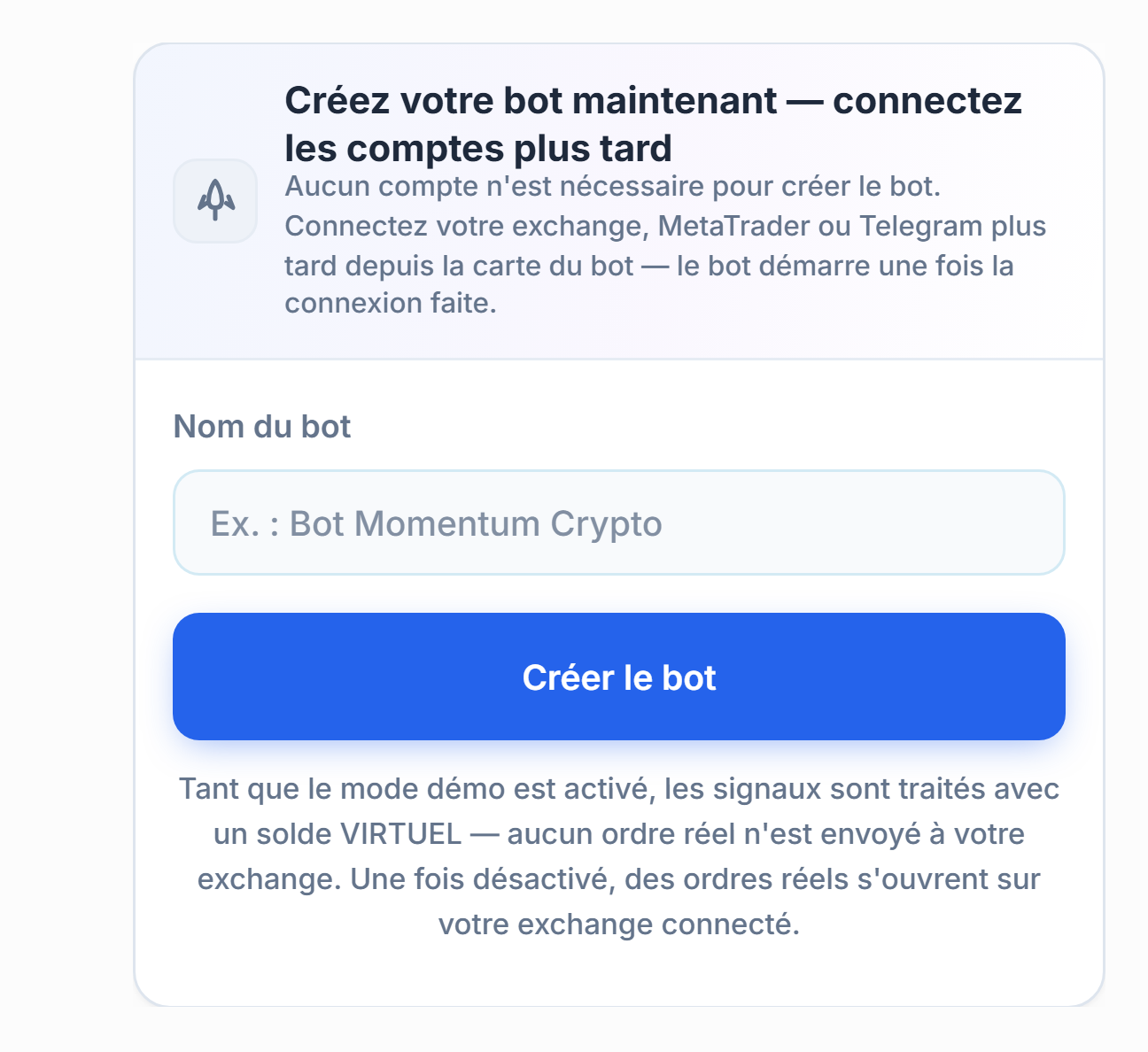 Panneau Créer votre bot maintenant : champ Nom du bot et bouton Créer le bot