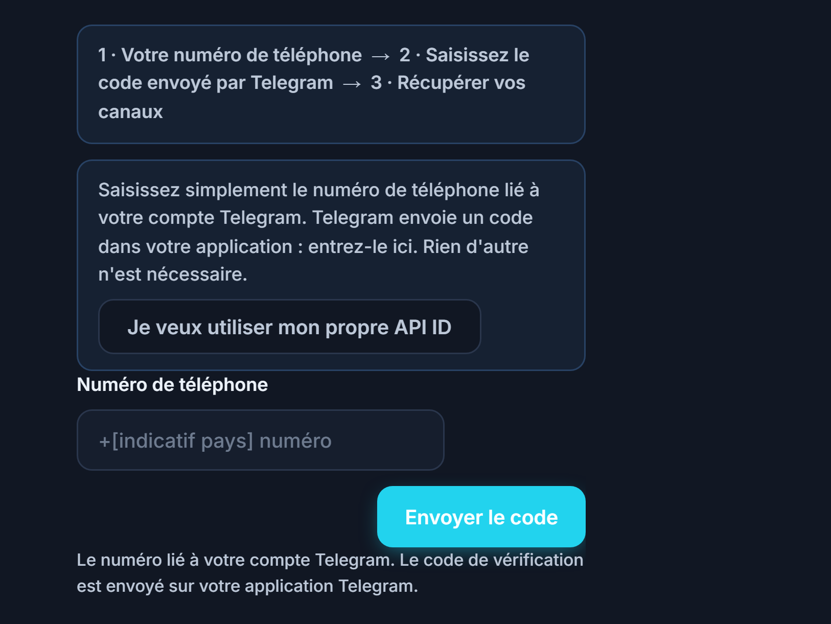 Connexion Telegram : barre d'étapes, champ Numéro de téléphone et bouton Envoyer le code