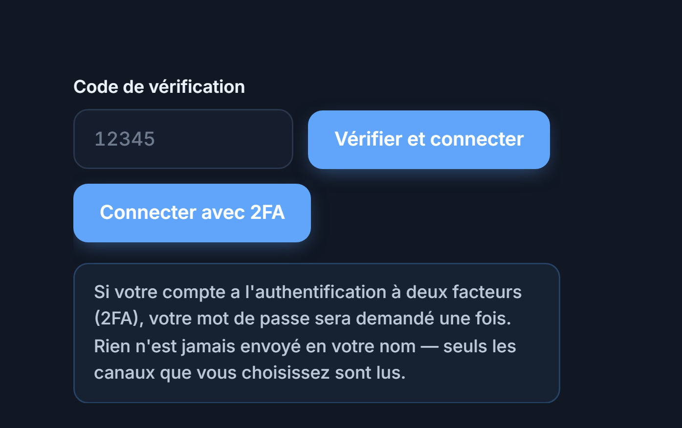 Champ Code de vérification et bouton Vérifier et connecter