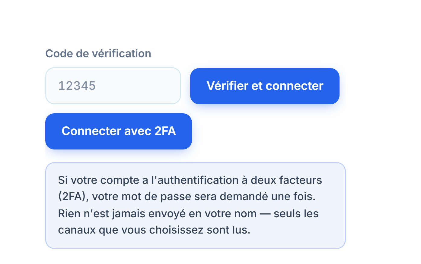 Champ Code de vérification et bouton Vérifier et connecter