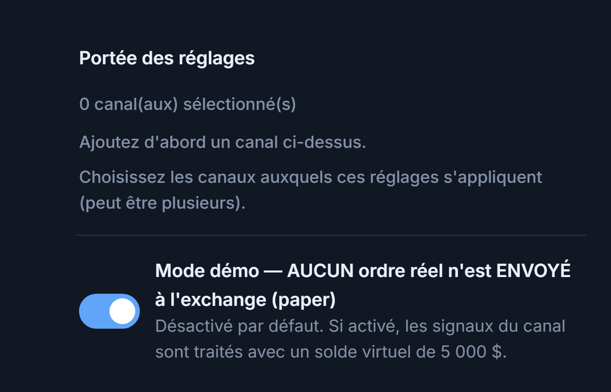 Haut de la Configuration Crypto : Portée des réglages (0 canal sélectionné) et interrupteur du mode Démo désactivé