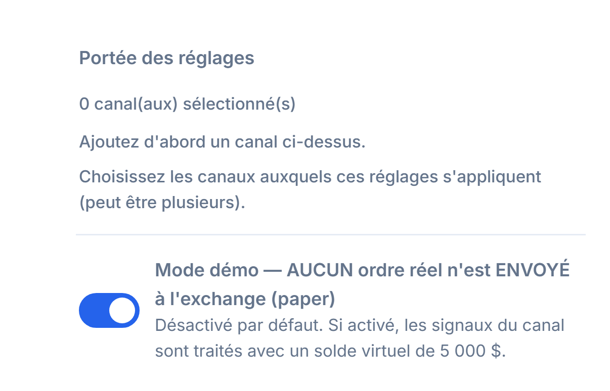 Haut de la Configuration Crypto : Portée des réglages (0 canal sélectionné) et interrupteur du mode Démo désactivé