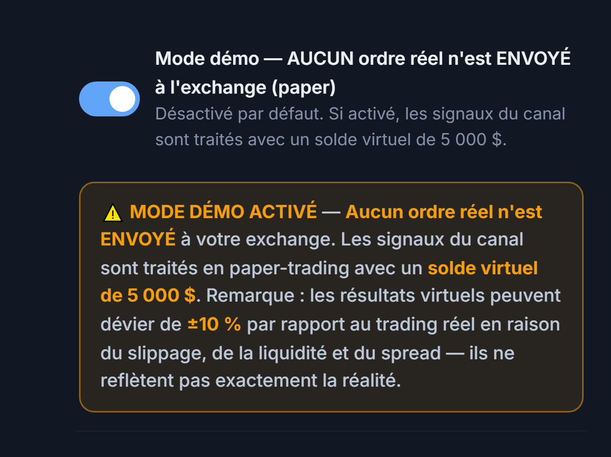 Mode démo activé : interrupteur en position activée et bannière d'avertissement orange MODE DÉMO ACTIVÉ
