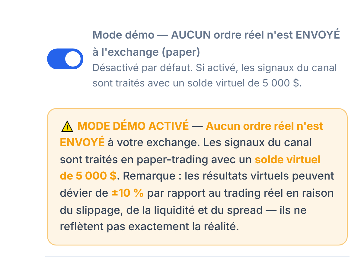 Mode démo activé : interrupteur en position activée et bannière d'avertissement orange MODE DÉMO ACTIVÉ