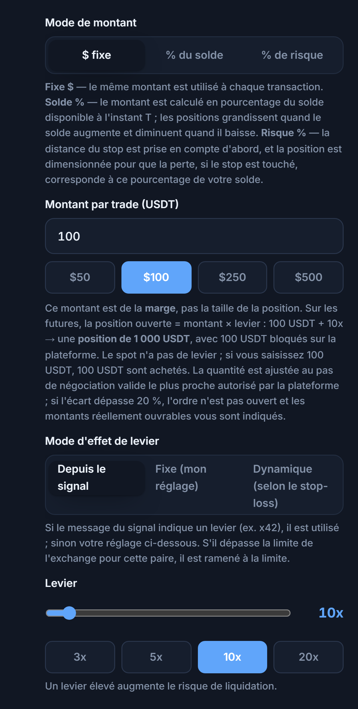 Taille de position et levier : mode dollar fixe, montant par trade, mode d'effet de levier et curseur de levier