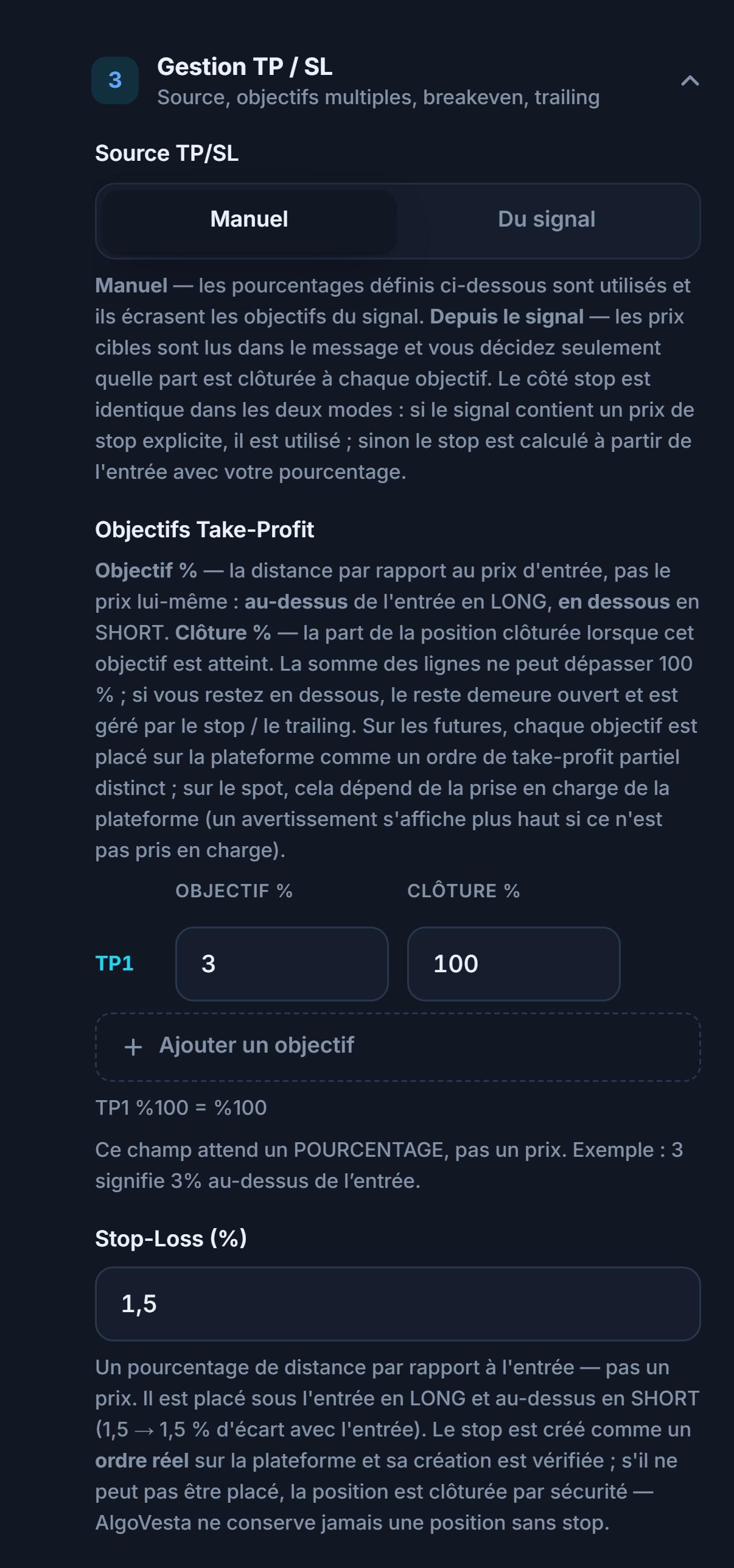 Gestion TP/SL manuelle : source TP/SL, tableau des objectifs Take-Profit, Ajouter un objectif et champ de pourcentage Stop Loss