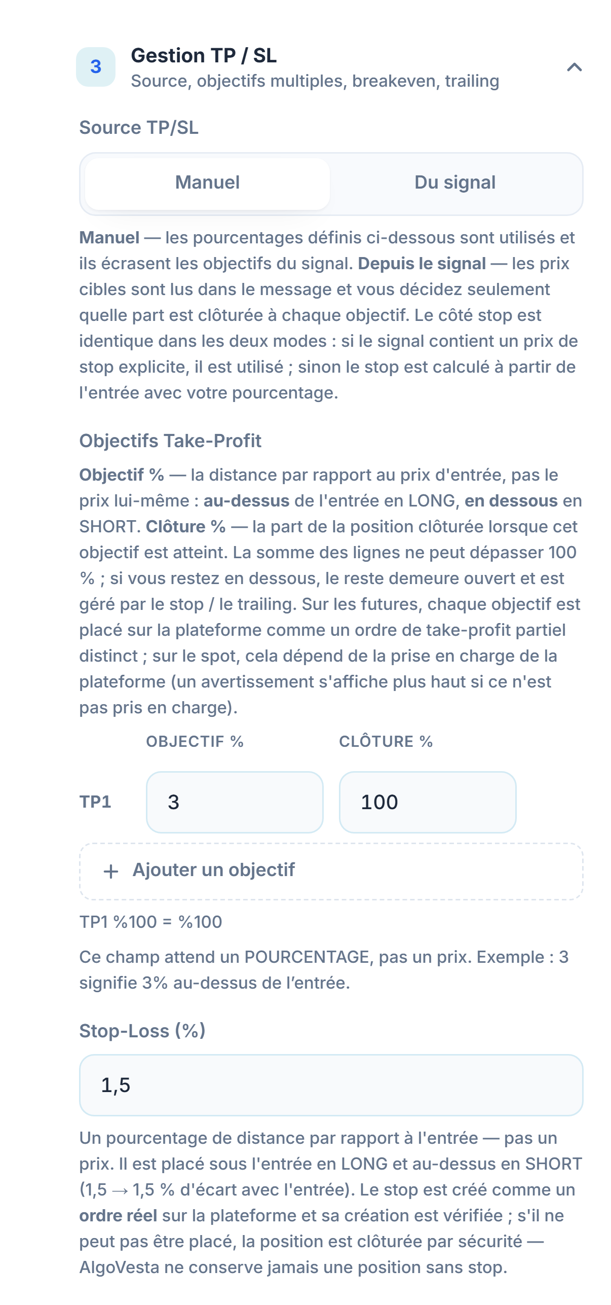 Gestion TP/SL manuelle : source TP/SL, tableau des objectifs Take-Profit, Ajouter un objectif et champ de pourcentage Stop Loss