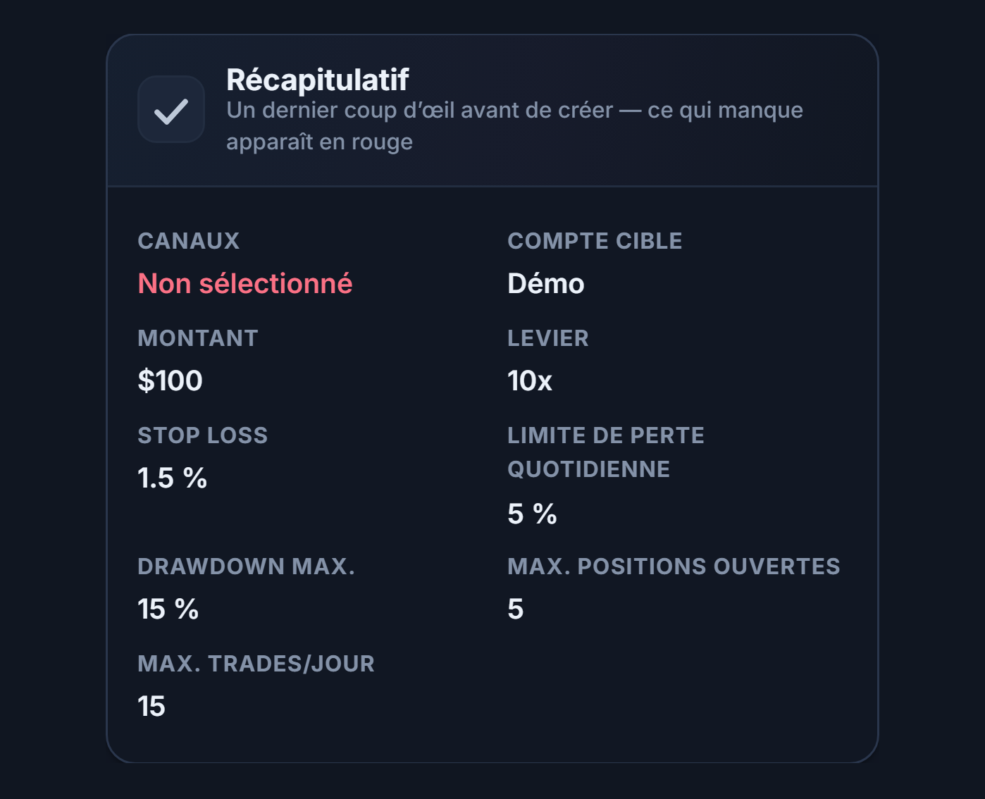 Résumé de configuration : « Non sélectionné » en rouge dans le champ Canal, mention Démo dans le champ Compte cible