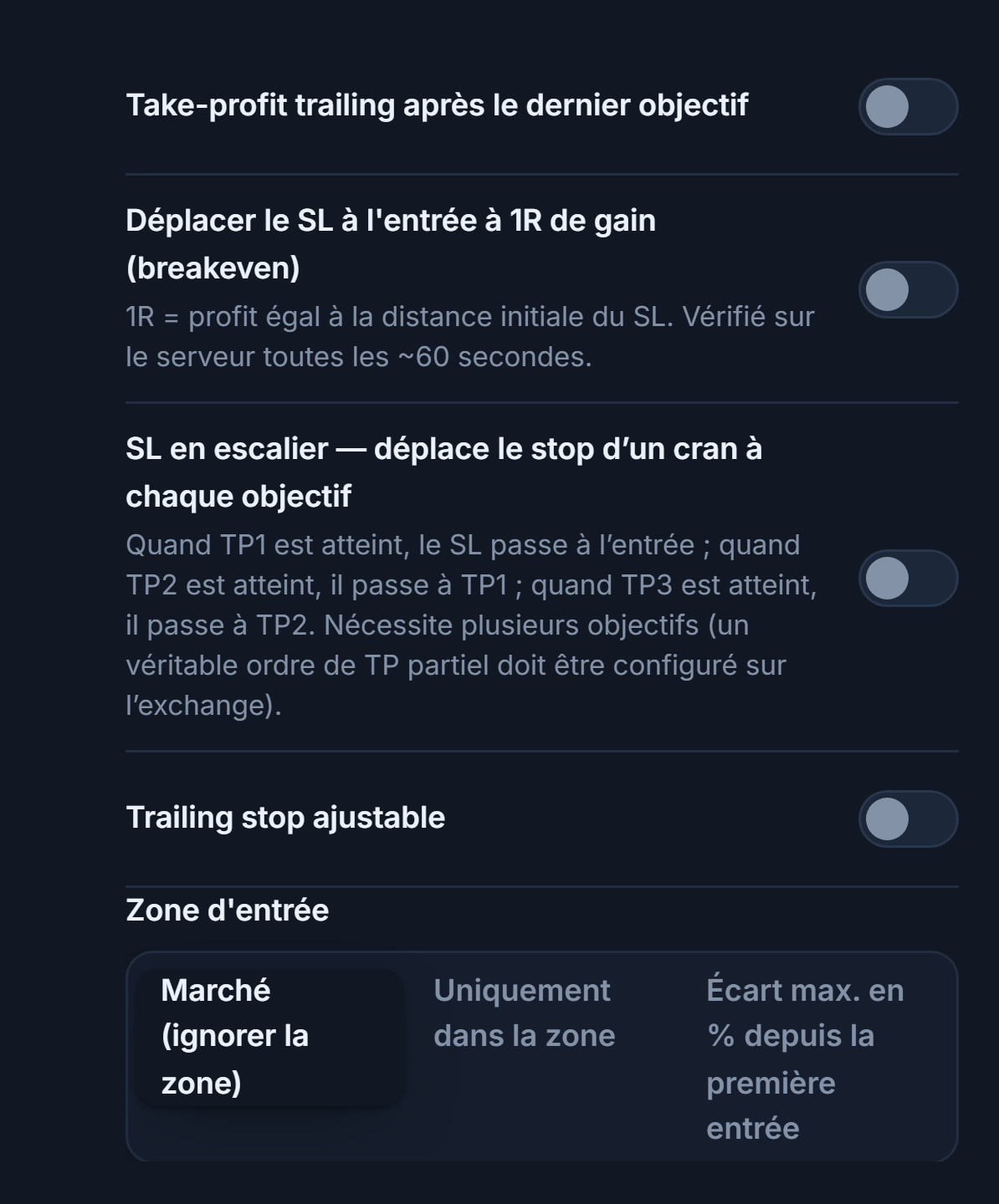 Colonne de gestion SL/TP : trailing take-profit, breakeven, SL en échelle, trailing stop ajustable et champs d'activation/repli, Zone d'entrée
