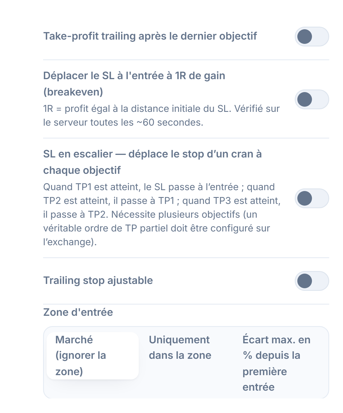 Colonne de gestion SL/TP : trailing take-profit, breakeven, SL en échelle, trailing stop ajustable et champs d'activation/repli, Zone d'entrée
