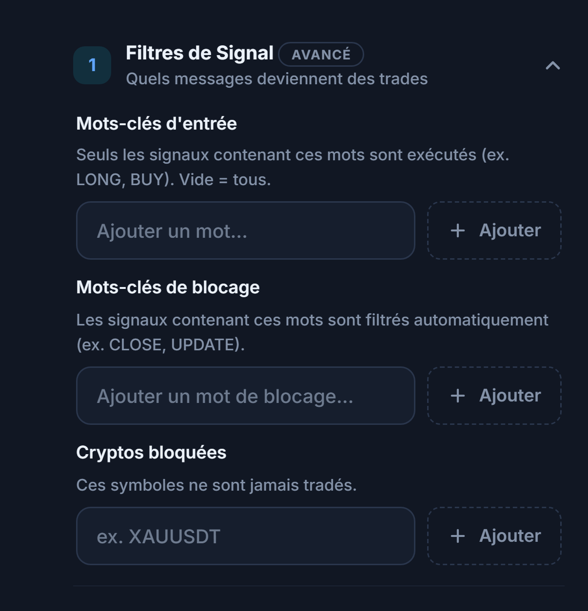 Filtres de signaux : Mots-clés d'entrée, Mots-clés de blocage et Cryptos bloquées