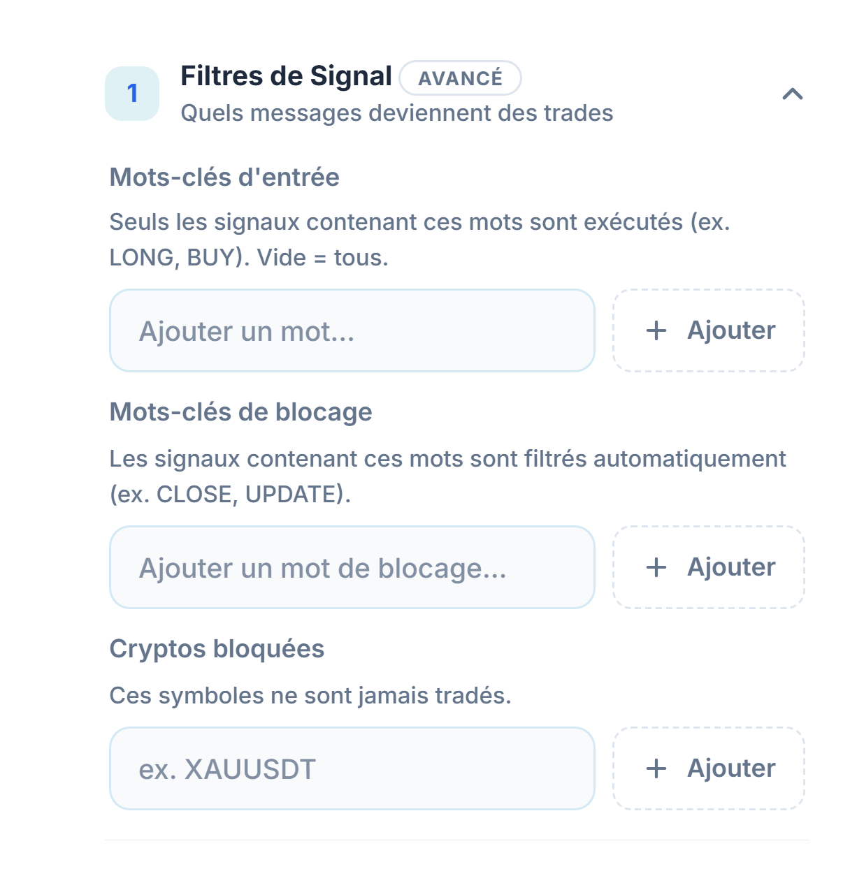 Filtres de signaux : Mots-clés d'entrée, Mots-clés de blocage et Cryptos bloquées