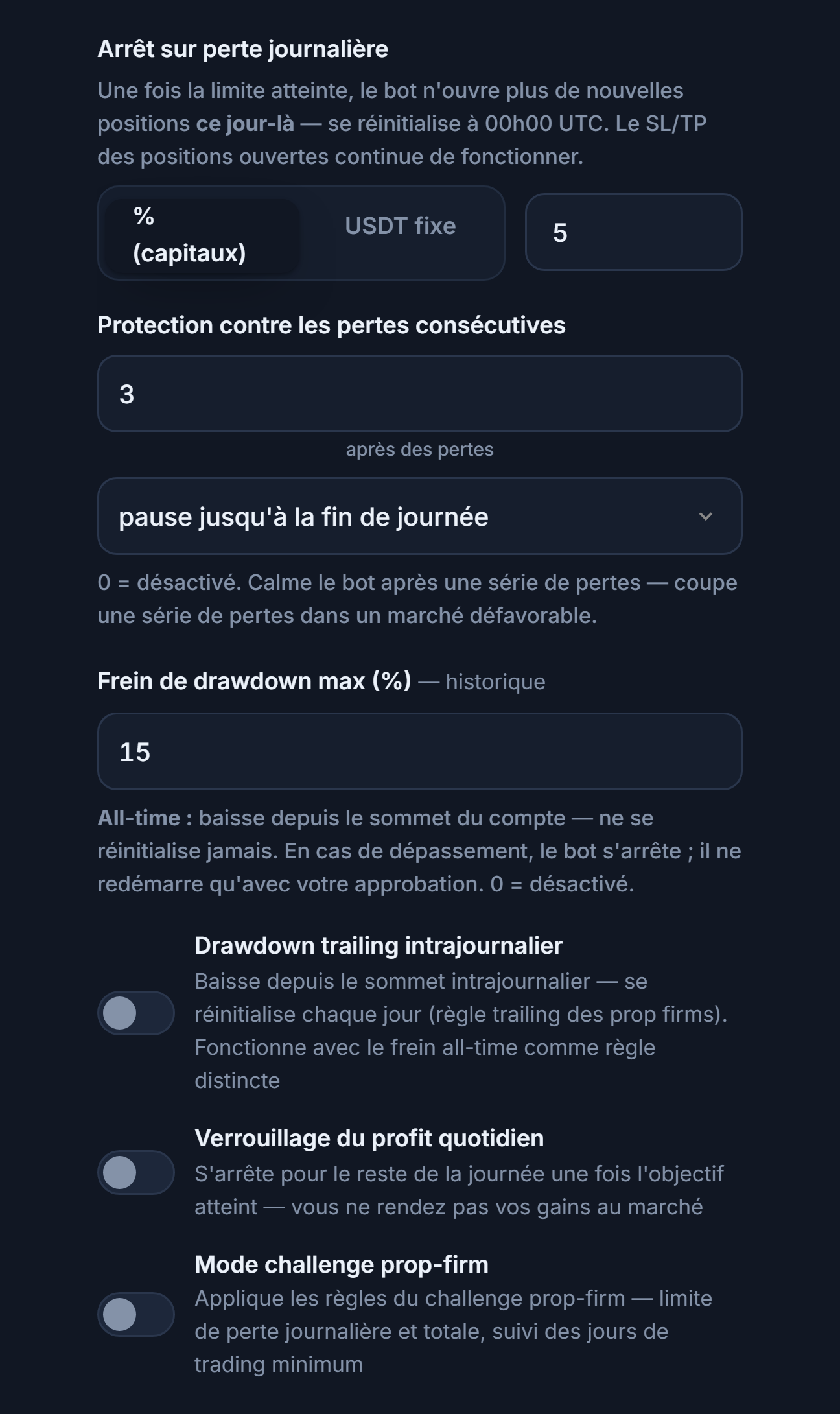 Bouclier de protection avancé, colonne pertes : perte journalière, pertes consécutives, drawdown max., drawdown trailing intrajournalier, limite de baisse intrajournalière et heure de réinitialisation, verrouillage du profit quotidien