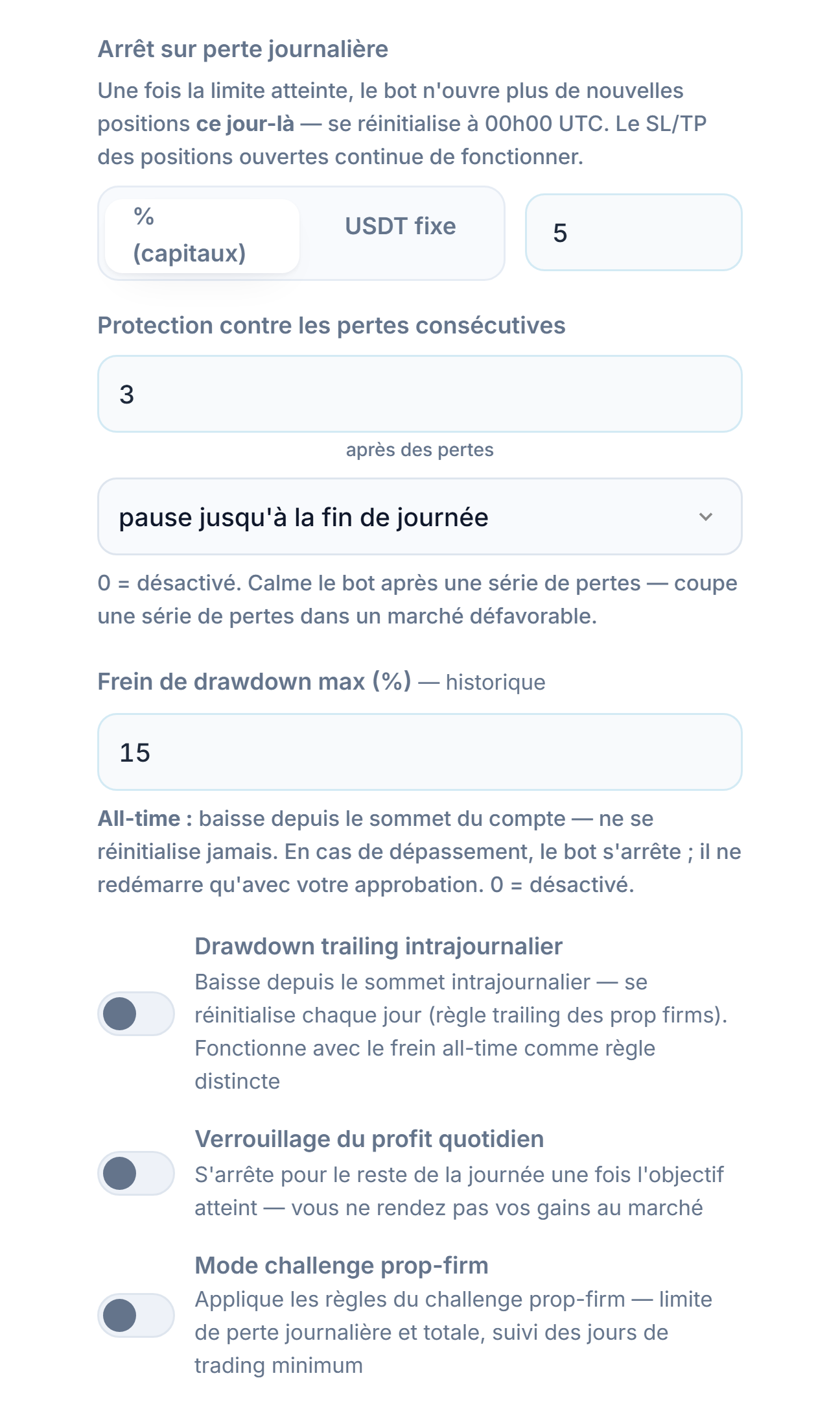 Bouclier de protection avancé, colonne pertes : perte journalière, pertes consécutives, drawdown max., drawdown trailing intrajournalier, limite de baisse intrajournalière et heure de réinitialisation, verrouillage du profit quotidien