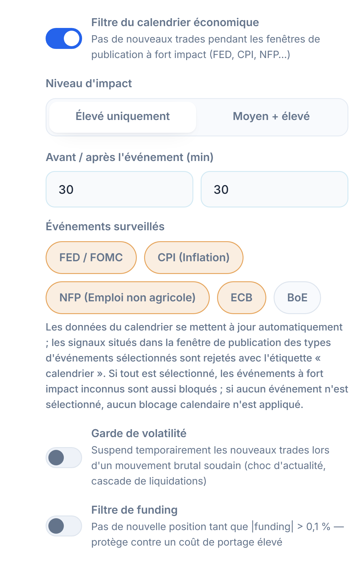 Bouclier de protection, colonne marché : filtre du calendrier économique, niveau d'impact, minutes avant/après l'événement, événements surveillés, garde de volatilité et filtre de funding