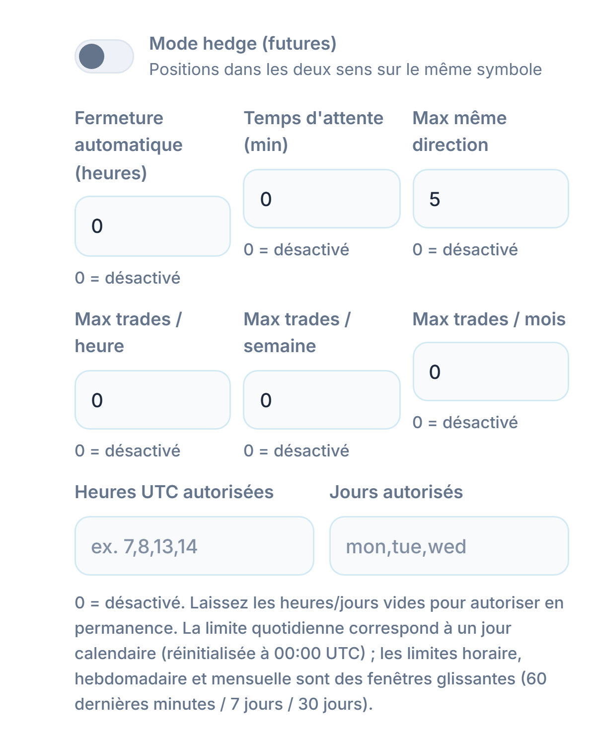 Exécution avancée : mode hedge, fermeture automatique, temps d'attente, max même direction, limites de trades horaires, hebdomadaires et mensuelles, heures UTC autorisées et jours autorisés