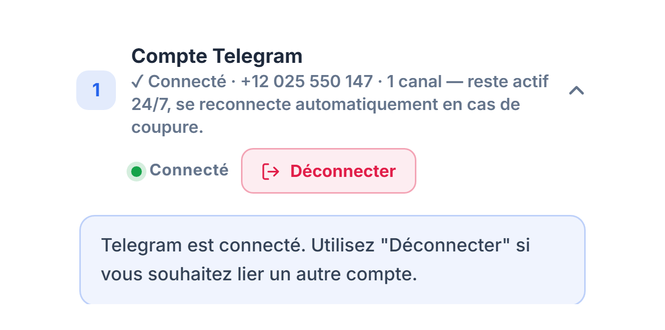 Section Compte Telegram après la connexion : badge vert Connecté, bouton Déconnecter et note Telegram connecté