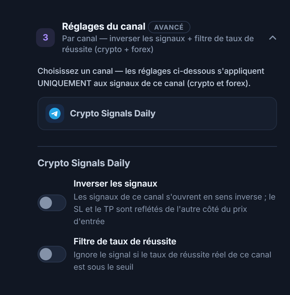 Accordéon Réglages du canal : ligne du canal sélectionné encadrée, en dessous les interrupteurs Inverser les signaux et Filtre de taux de réussite