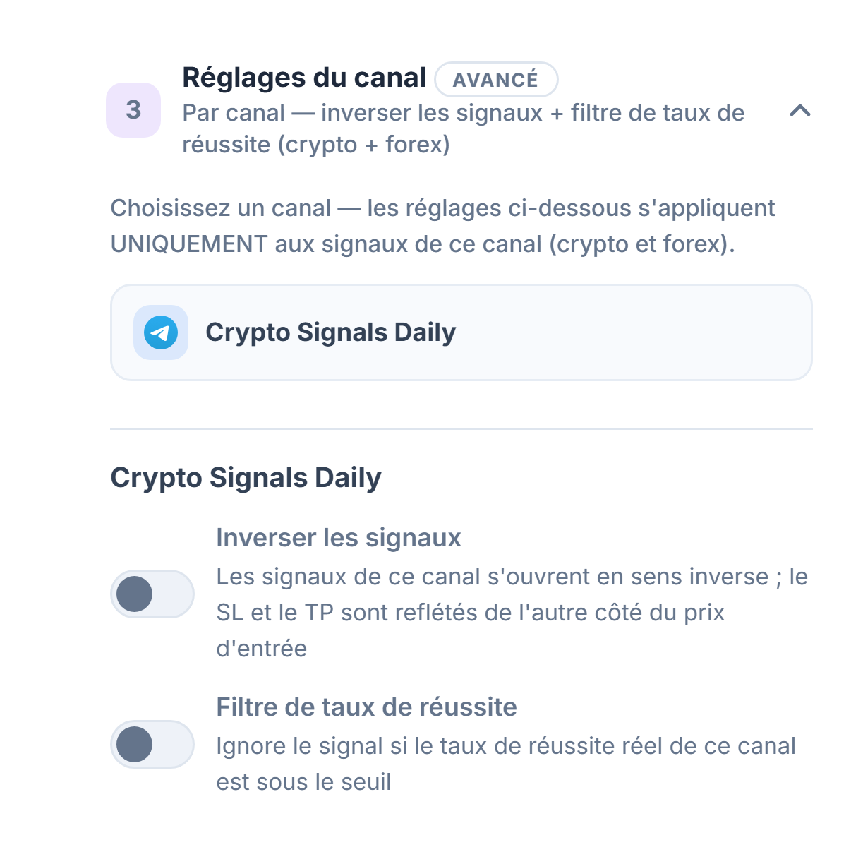 Accordéon Réglages du canal : ligne du canal sélectionné encadrée, en dessous les interrupteurs Inverser les signaux et Filtre de taux de réussite