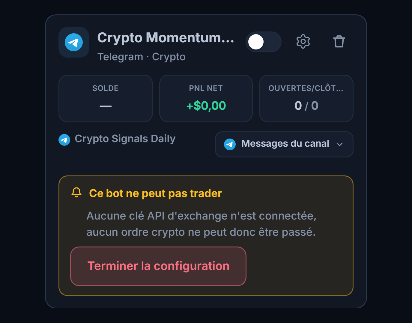 Carte de bot fraîchement créée dans le panneau Mes bots : nom et source du bot, liste Ce bot ne peut pas ouvrir de trade et bouton Terminer la configuration