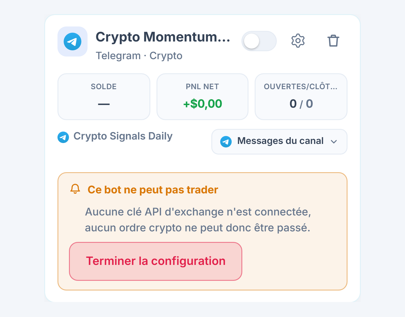 Carte de bot fraîchement créée dans le panneau Mes bots : nom et source du bot, liste Ce bot ne peut pas ouvrir de trade et bouton Terminer la configuration