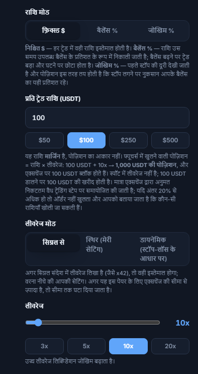पोज़िशन साइज़ और लीवरेज: फ़िक्स्ड डॉलर मोड, प्रति ट्रेड राशि, लीवरेज मोड और लीवरेज स्लाइडर