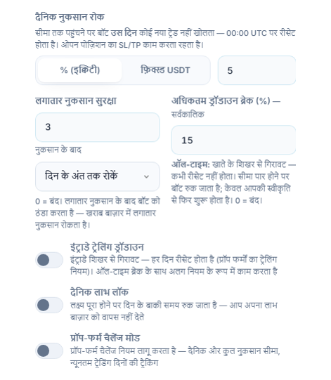 सुरक्षा कवच उन्नत, नुकसान कॉलम: दैनिक नुकसान, लगातार नुकसान, अधिकतम ड्रॉडाउन, इंट्राडे ट्रेलिंग ड्रॉडाउन, इंट्राडे गिरावट सीमा और रीसेट घंटा, दैनिक लाभ लॉक