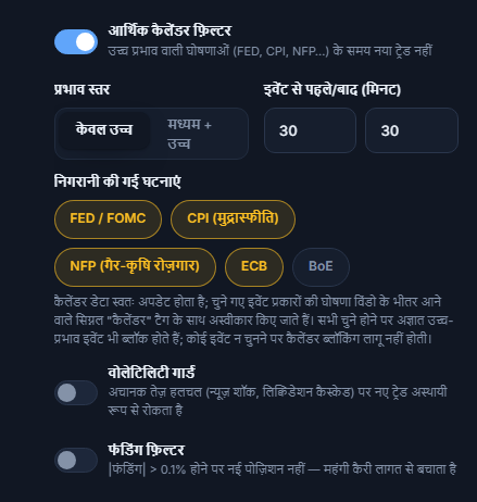 सुरक्षा कवच बाज़ार कॉलम: आर्थिक कैलेंडर फ़िल्टर, प्रभाव स्तर, इवेंट से पहले और बाद के मिनट, निगरानी की गई घटनाएं, वोलेटिलिटी गार्ड और फंडिंग फ़िल्टर
