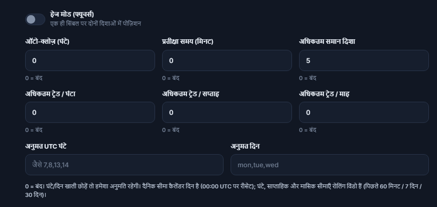 उन्नत निष्पादन: हेज मोड, ऑटो-क्लोज़, प्रतीक्षा समय, अधिकतम समान दिशा, प्रति घंटा, साप्ताहिक और मासिक ट्रेड लिमिट, अनुमत UTC घंटे और अनुमत दिन