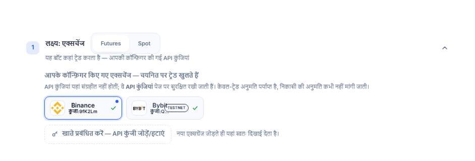 API कुंजी जुड़ने के बाद लक्ष्य: एक्सचेंज सेक्शन: Futures/Spot चयन, नीले फ़्रेम वाला चुना हुआ Binance कार्ड, TESTNET बैज वाला Bybit कार्ड और अकाउंट मैनेज करें लिंक