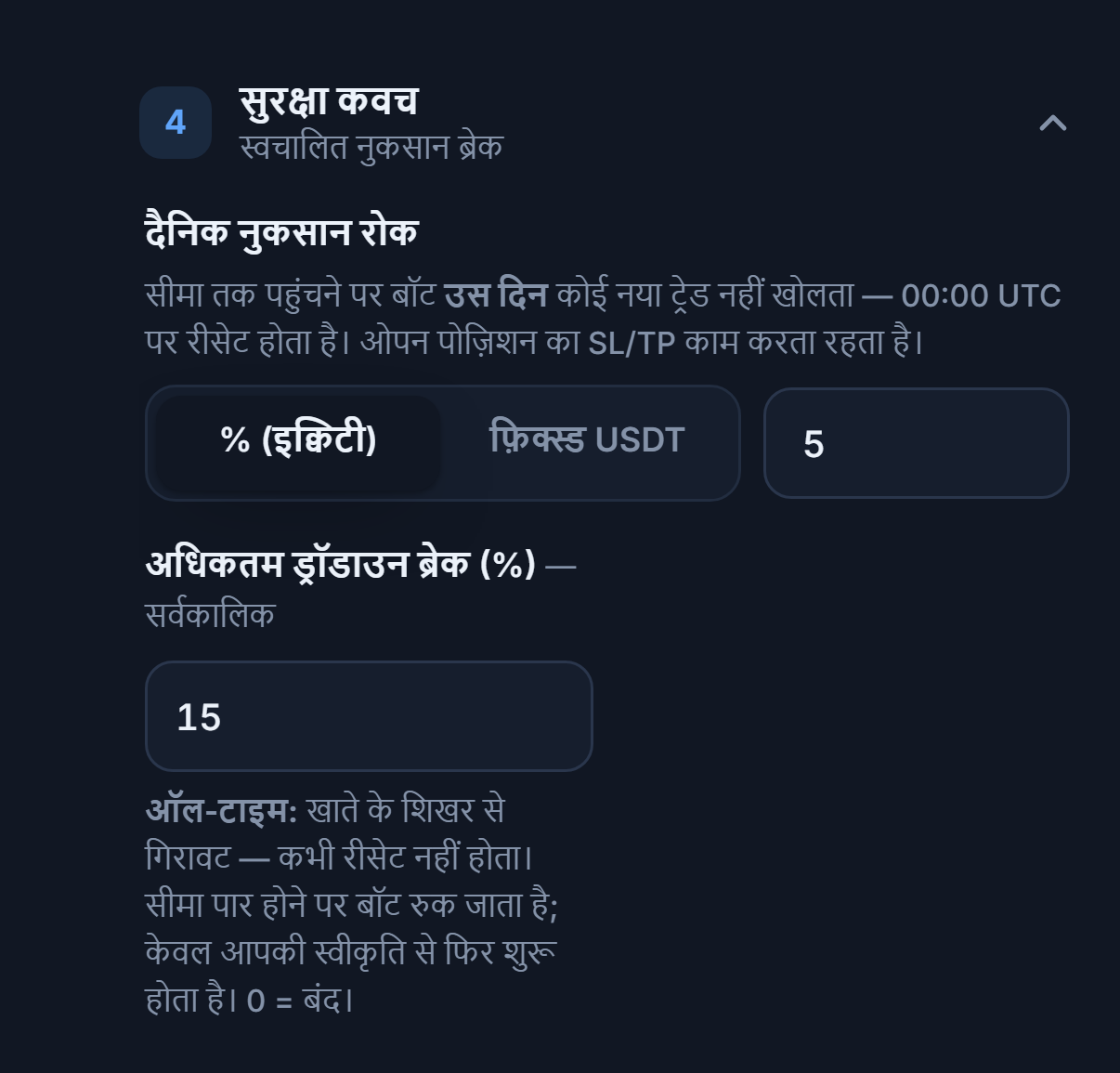 सुरक्षा कवच त्वरित मोड: दैनिक नुकसान रोक और अधिकतम ड्रॉडाउन ब्रेक