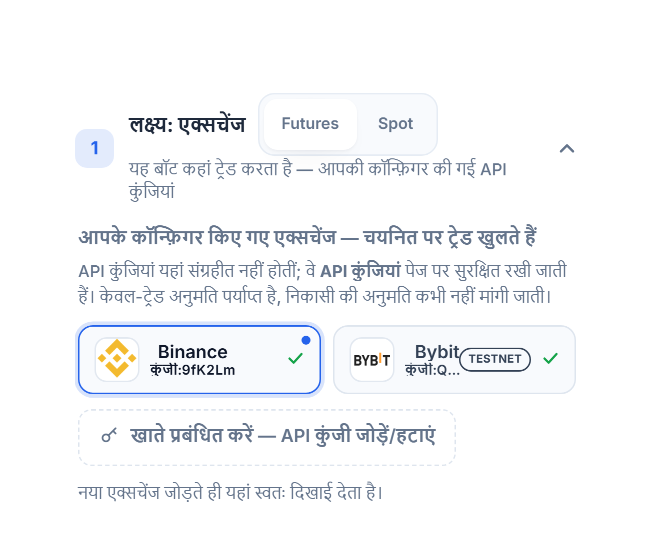 API कुंजी जुड़ने के बाद लक्ष्य: एक्सचेंज सेक्शन: Futures/Spot चयन, नीले फ़्रेम वाला चुना हुआ Binance कार्ड, TESTNET बैज वाला Bybit कार्ड और अकाउंट मैनेज करें लिंक