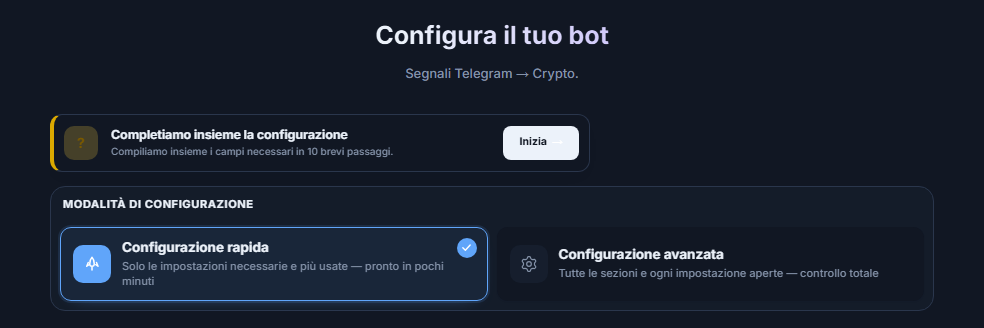 Parte superiore della schermata Configura il tuo bot: pulsante Inizia della guida alla configurazione, schede Configurazione rapida e Configurazione avanzata