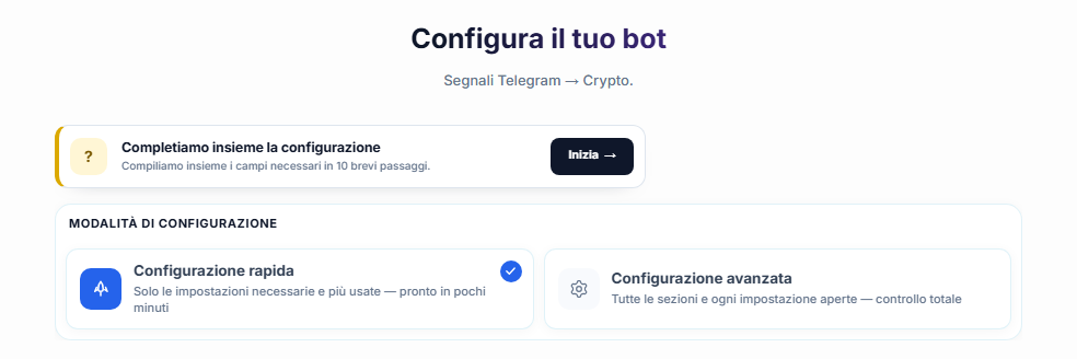Parte superiore della schermata Configura il tuo bot: pulsante Inizia della guida alla configurazione, schede Configurazione rapida e Configurazione avanzata