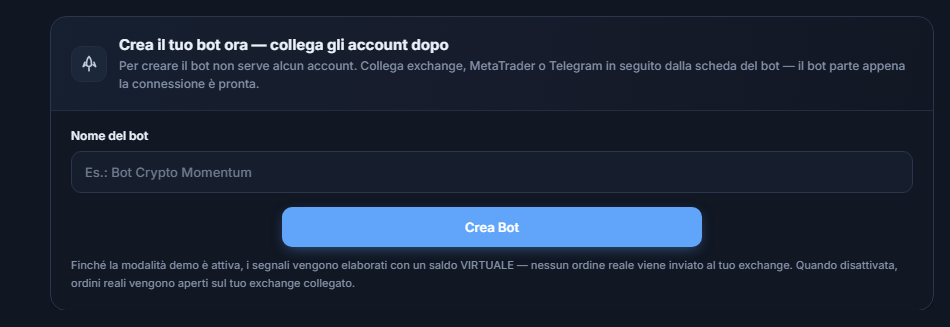 Pannello Crea subito il tuo bot: campo Nome del bot e pulsante Crea Bot