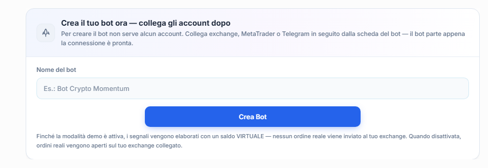 Pannello Crea subito il tuo bot: campo Nome del bot e pulsante Crea Bot