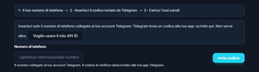 Collegamento Telegram: barra dei passaggi, campo Numero di telefono e pulsante Invia codice