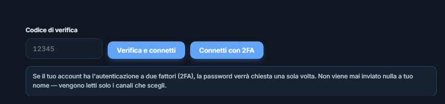 Campo Codice di verifica e pulsante Verifica e connetti