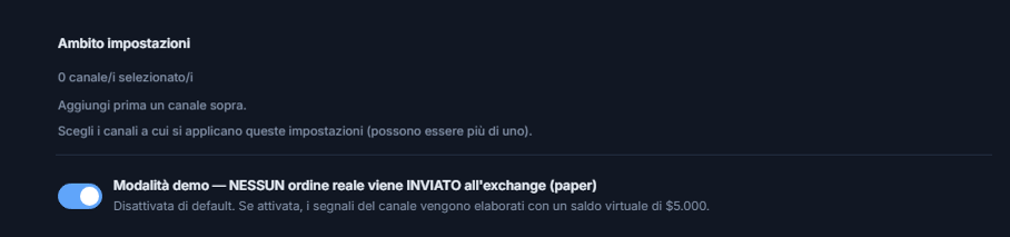 Parte superiore di Configurazione Crypto: Ambito impostazioni (0 canali selezionati) e interruttore Modalità Demo disattivato