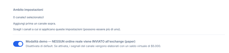 Parte superiore di Configurazione Crypto: Ambito impostazioni (0 canali selezionati) e interruttore Modalità Demo disattivato