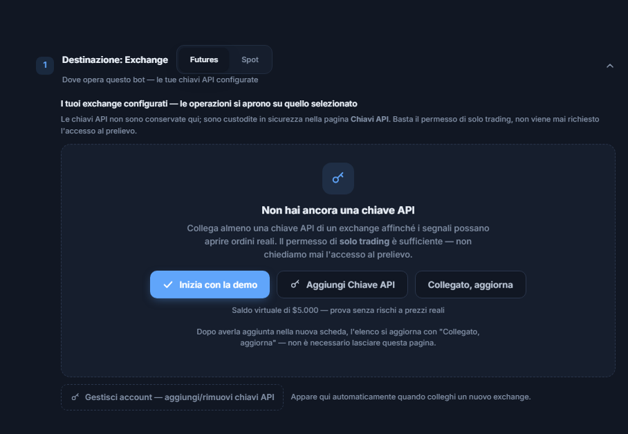 Sezione Destinazione: Exchange, senza ancora una chiave API: scelta Futures/Spot, pulsanti Inizia con la demo, Aggiungi Chiave API, L'ho collegato aggiorna e Gestisci account