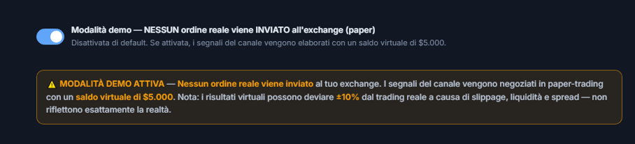 Modalità demo attiva: interruttore acceso e banner d'avviso arancione MODALITÀ DEMO ATTIVA