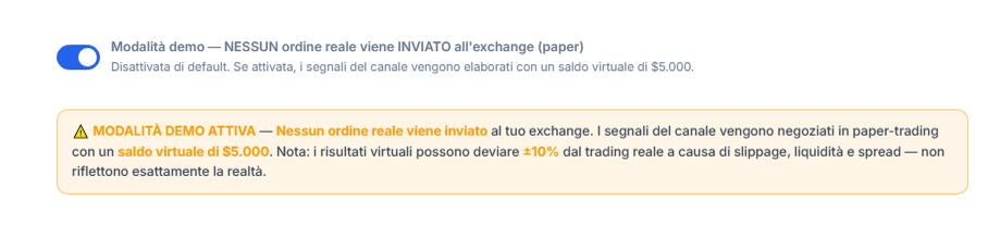 Modalità demo attiva: interruttore acceso e banner d'avviso arancione MODALITÀ DEMO ATTIVA