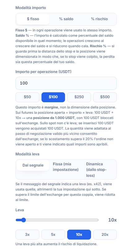 Dimensione Posizione e Leva: modalità dollaro fisso, importo per operazione, modalità leva e cursore della leva