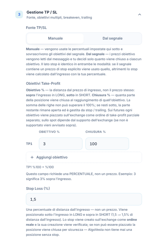 Gestione TP/SL manuale: fonte TP/SL, tabella degli obiettivi Take-Profit, pulsante Aggiungi obiettivo e campo percentuale Stop Loss