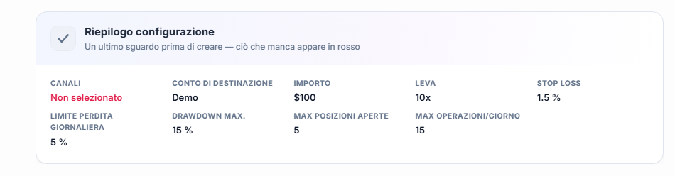 Riepilogo della configurazione: campo Canale con la scritta rossa Non selezionato, campo Conto di destinazione con la scritta Demo