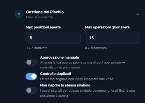 Gestione del Rischio avanzata: max posizioni e operazioni giornaliere, Approvazione manuale con avviso rosso, Controllo duplicati, Non riaprire lo stesso simbolo, minuti di attesa prima della chiusura